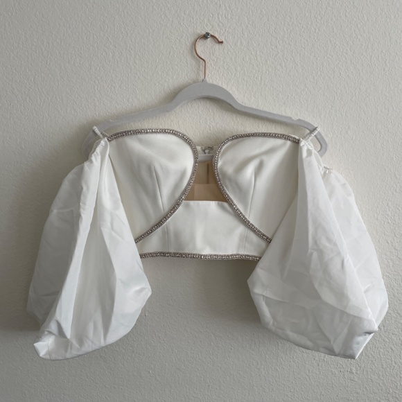 NEW self-portrait Off Shoulder Crop Top White Silver Crystal Puff Sleeve Small - Picture 5 of 9